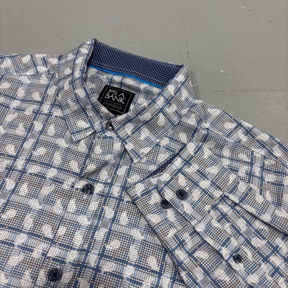 Jos. A. Bank Traveler Tailored Fit Shirt Mens Large Blue Paisley Plaid Stretch